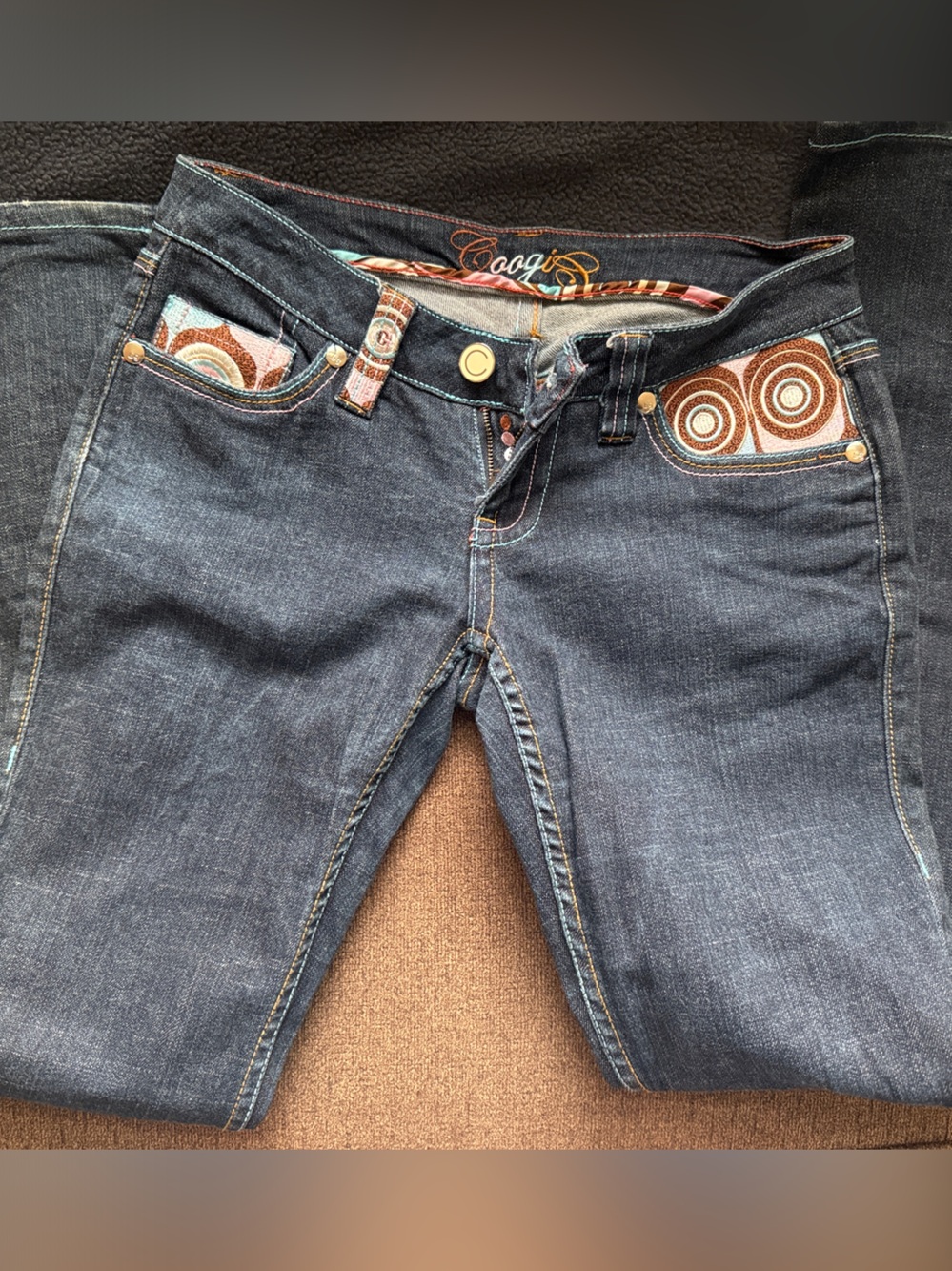 COOGI Dark Blue Denim Bootcut Jeans with Brown Patterned Pocket Trim